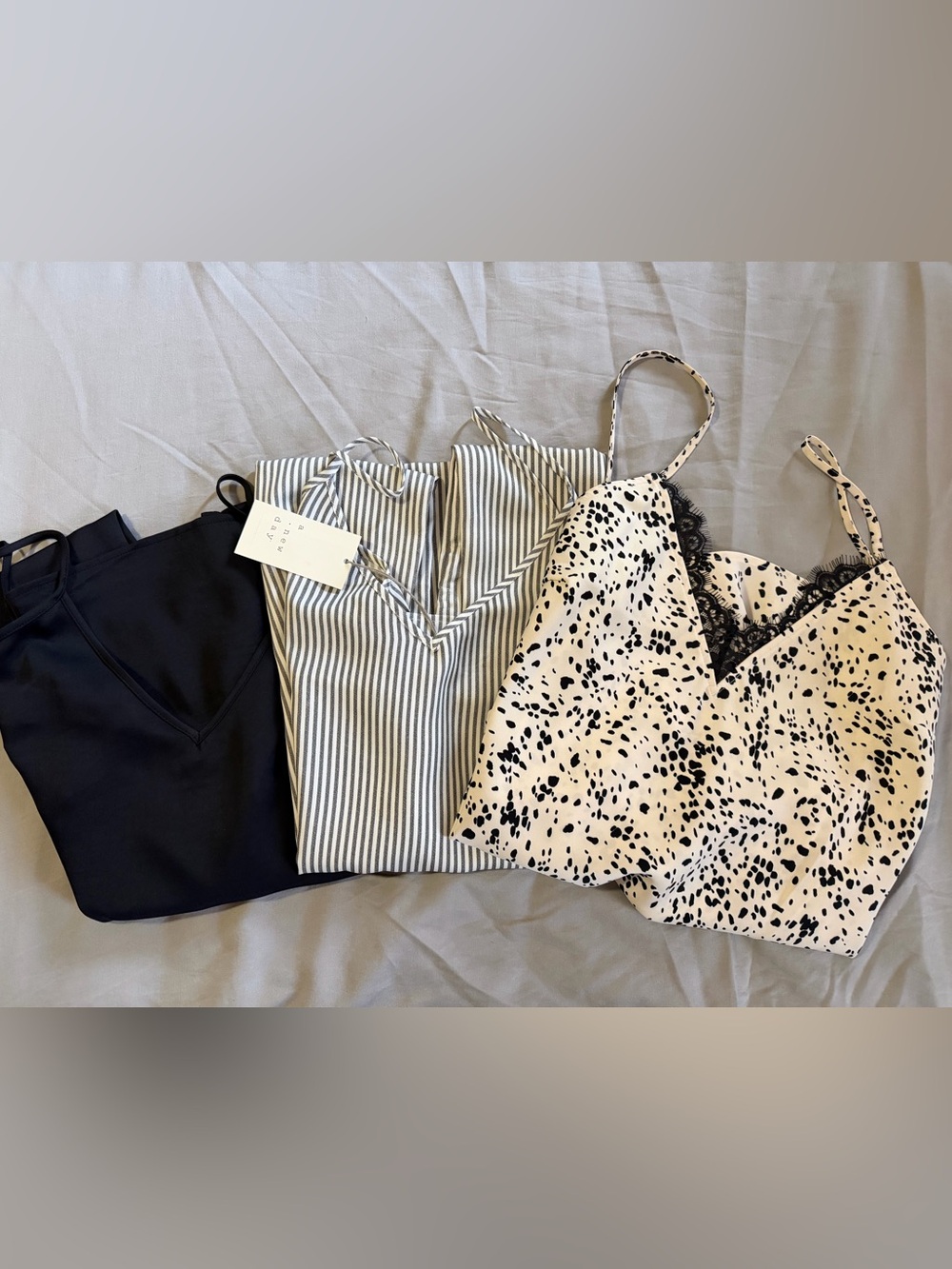 3 Slip dresses: Black, white & gray stripes, and Dalmatian pattern